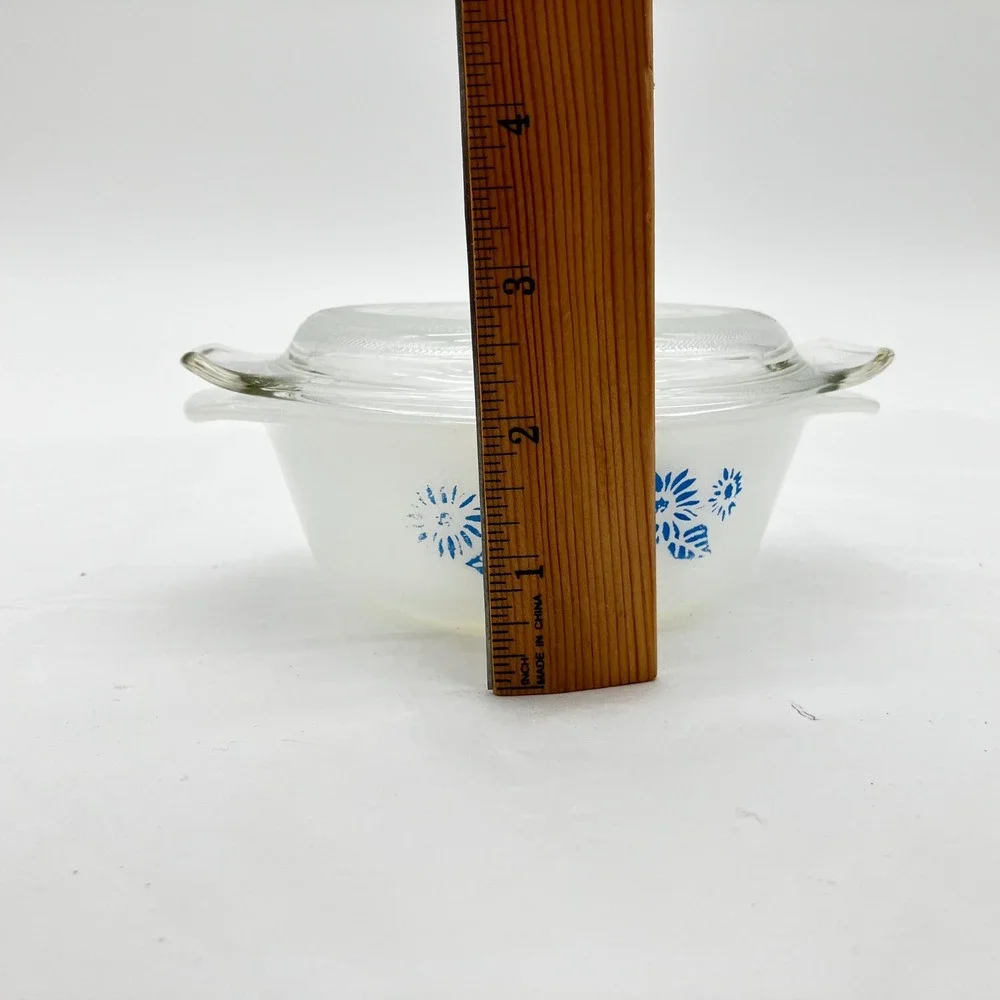 Anchor Hocking Fire-King Casserole Dish 12oz White Blue Floral Vintage Lid